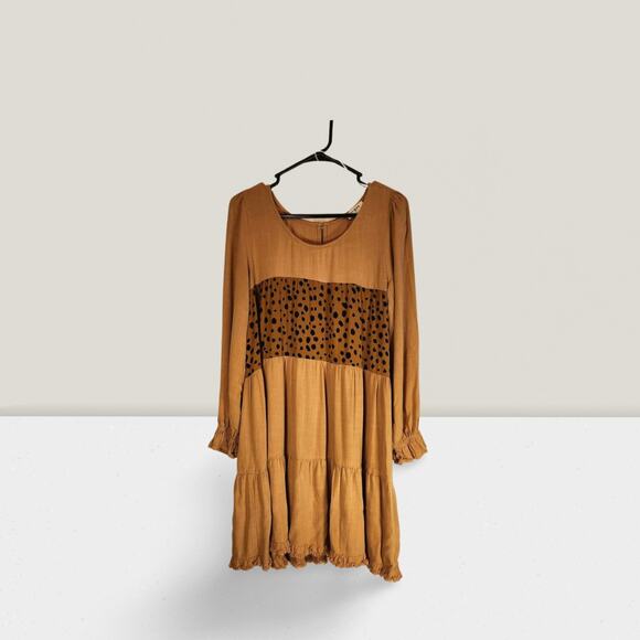 Umgee Spotted Tiered Fringe Dress Caramel S Small - Picture 1 of 3